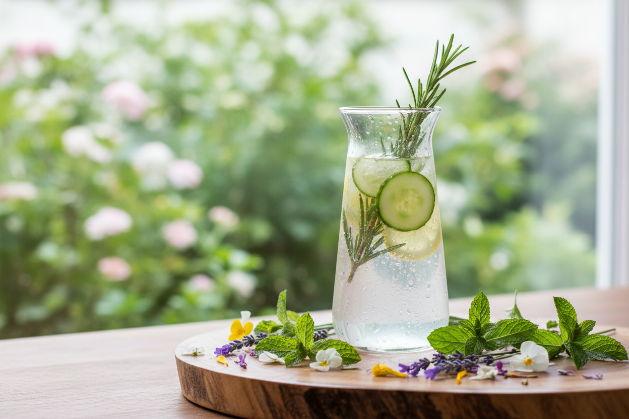 Prompt "generate an image that would be the cover of a how to enjoy section on a website for a brand that is selling organic premium botanical infused water. Something Like a glass, water and botanicals."